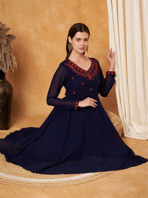 Poshak Hub Women -Blue Ethnic Motifs Aari Work Georgette Anarkali Kurt ...