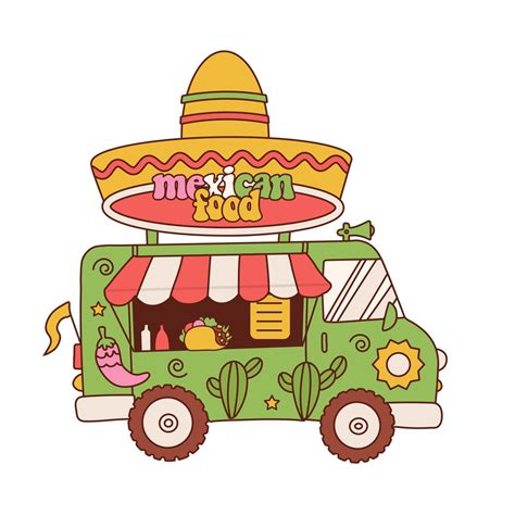 Retro cartoon Commercial Food Truck Vehicle with Mexican Food. Side ...