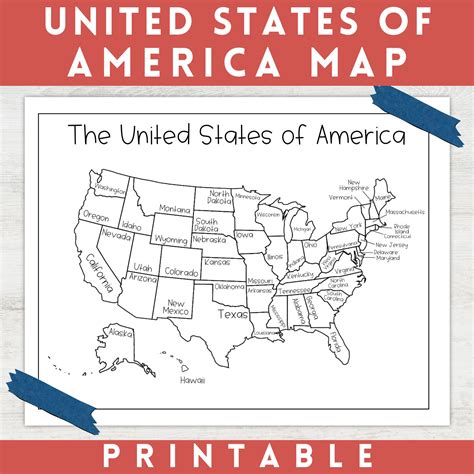 Labeled United States of America Map for Coloring, Printable USA Map, Black and White United ...