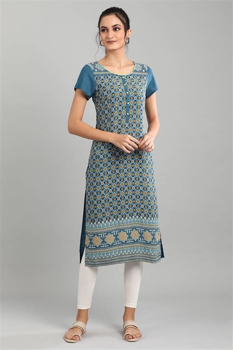 Buy Teal Blue Round Neck Printed kurta Online for Woman | Shop for Aurelia