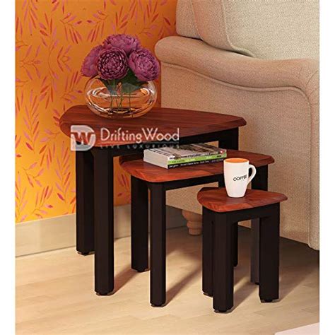DriftingWood Wooden Nesting Table for Living Room | Set of 3 Stools fo ...