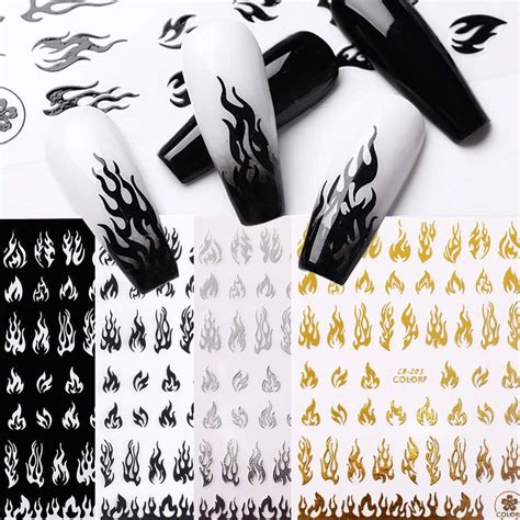Buy Flame Nail Stickers, 4 Sheets Flame Nail Decals 3D Holographic Fire ...