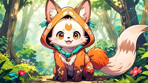 Cute and endearing anime animal character such as a fox or a cat with ...