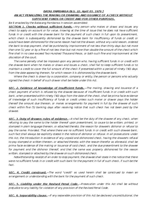 Batas Pambansa Blg. 22: Penalizing Insufficient Fund Checks - Studocu