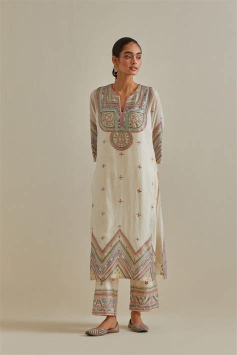 Pink and off-white cotton chanderi straight kurta set with patchwork a ...