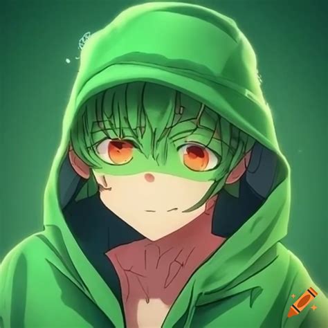 Anime character wearing a green frog hoodie