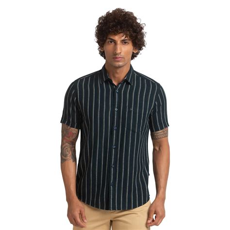 Men Green Slim Fit Stripe Cotton Half Sleeve Shirts – MyRaymond
