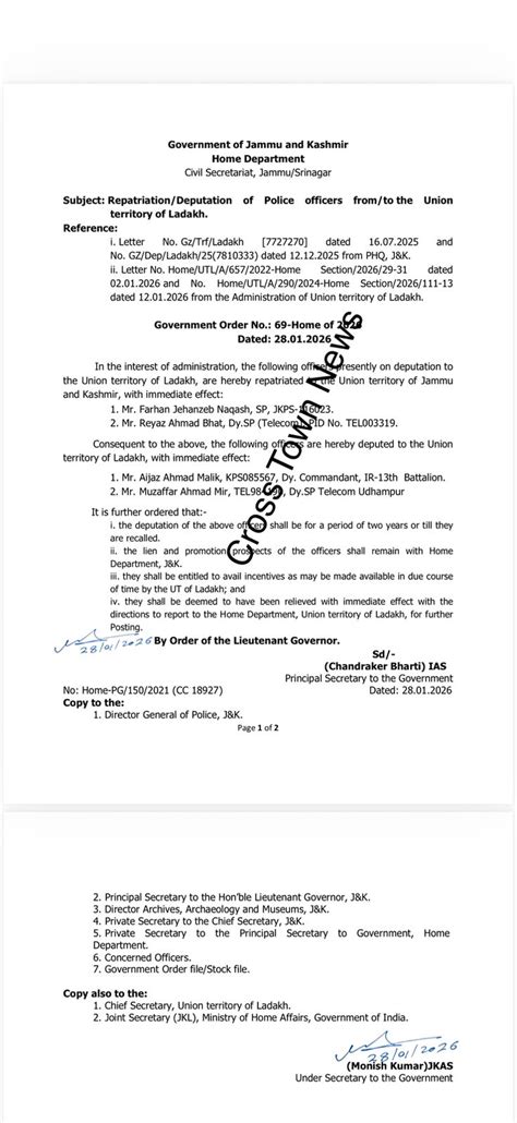 LG J&K orders deputation/repatriation of Police Officers to/from Ladakh