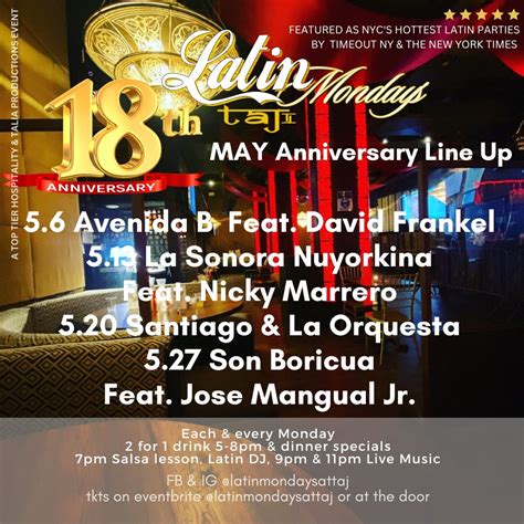 Latin Mondays at Taj / 18th Year Anniversary Line Up, Taj Restaurant ...