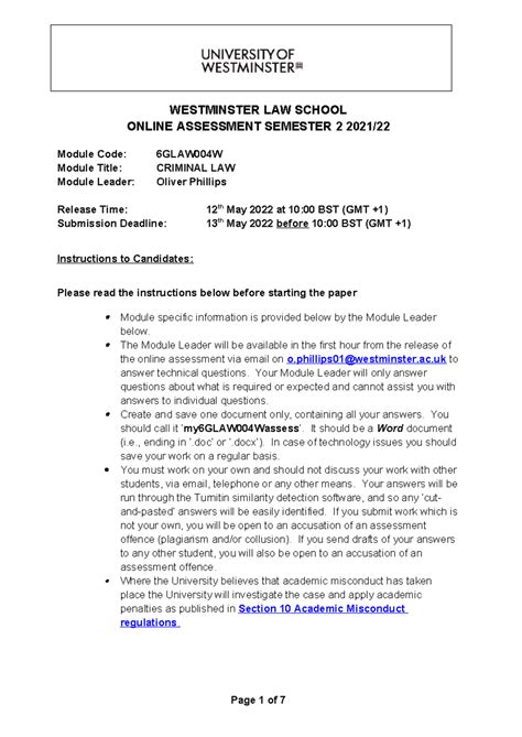 6GLAW004W Criminal Law May 2022 Final EXAM - WESTMINSTER LAW SCHOOL ...