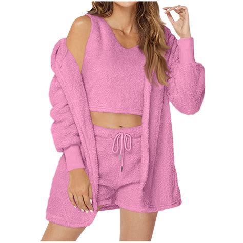Lovskoo Women's 3 Piece Pajamas Outfit Fuzzy Fleece Solid Color Long ...