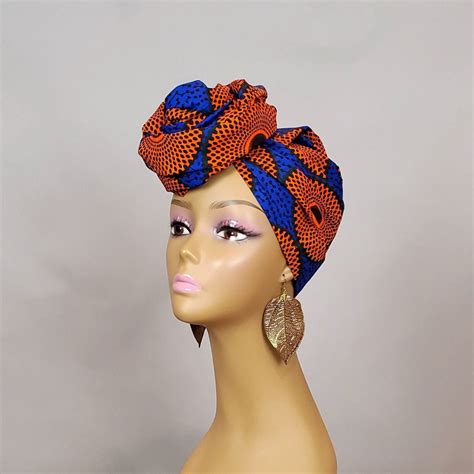 Blue & Orange Head Wrap African Print Head Wraps for Women Ankara Scarf ...