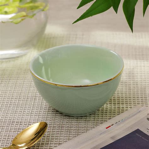Set Of 2 Green Small Porcelain Bowls With Gold Rim