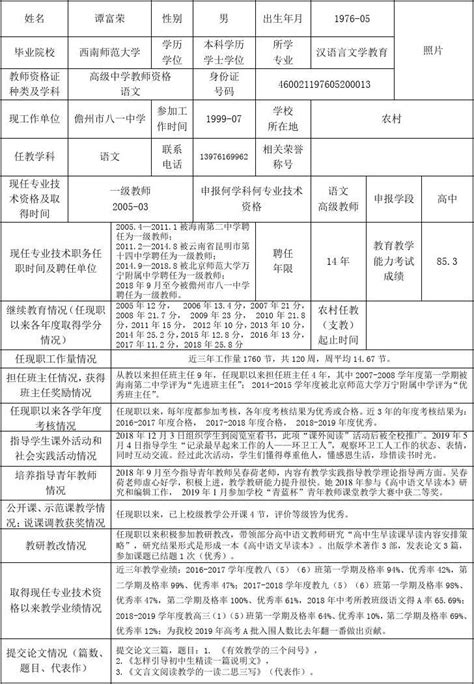海南省教师系列专业技术资格评审登记表(中小学)最新_文档之家