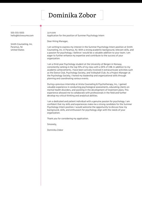 Psychology Internship Cover Letter Sample | Kickresume