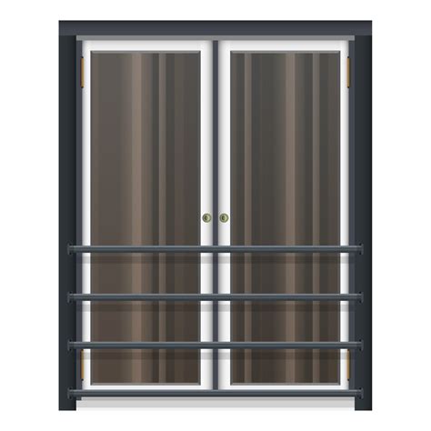 French Window with metal railings in realistic style. White doors with large windows. Building ...