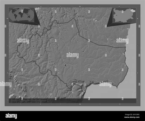 Dobrich, province of Bulgaria. Bilevel elevation map with lakes and rivers. Locations of major ...