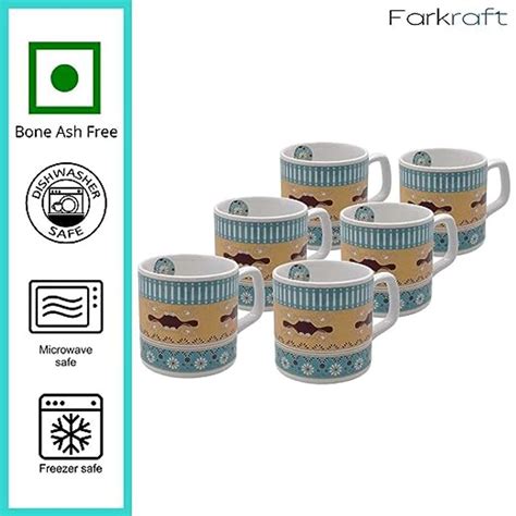 FARKRAFT Hand Printed Ceramic Tea Cups & Coffee Cups Set of 6 Blue 150ml