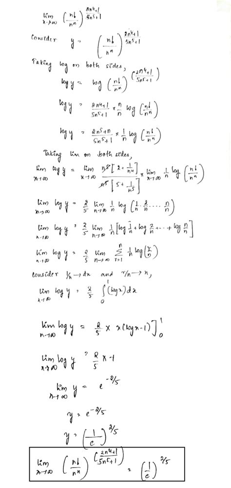 The value of limit n∞ (n!n^n)^ 2n^4 + 15n^5 + 1 is equal to