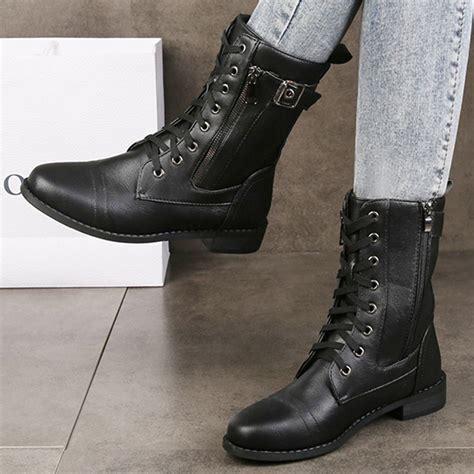 Miluxas Black Lace-up Combat Boots Ankle Booties for Women Black 9(41 ...
