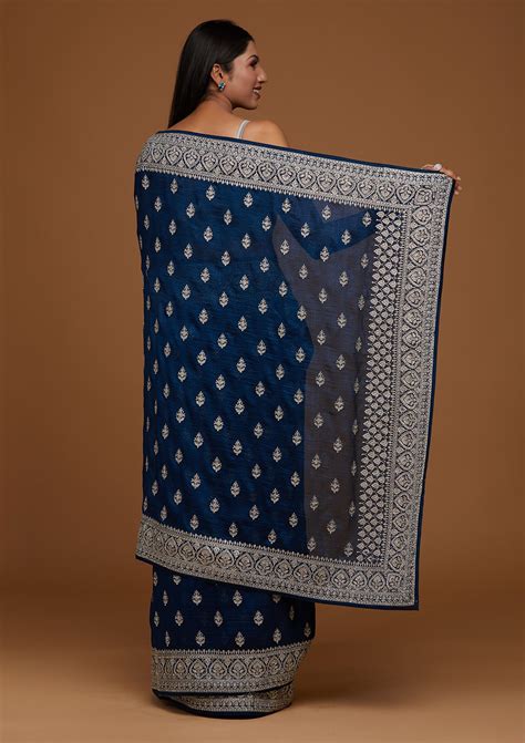 Buy Peacock Blue Stone Work Raw Silk Saree - Koskii