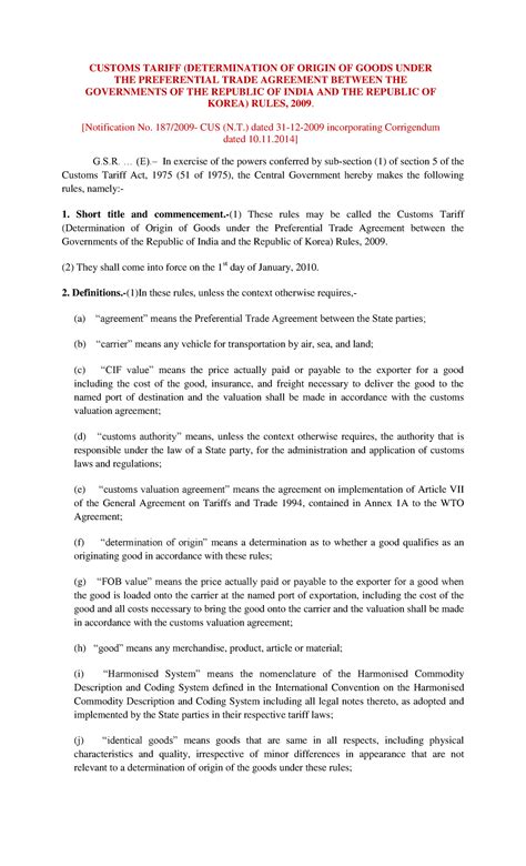 Agmt-korea - Notes specific - CUSTOMS TARIFF (DETERMINATION OF ORIGIN ...