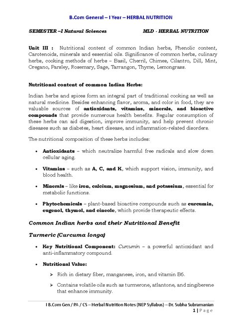 B.Com Gen I Year Herbal Nutrition Unit 3: Nutritional Benefits of ...