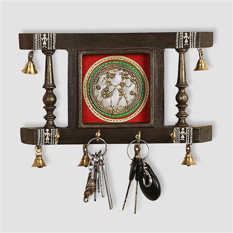 Brass & Wood Warli Hand-Painted Key Holder With Dhokra Art [4 Hooks ...