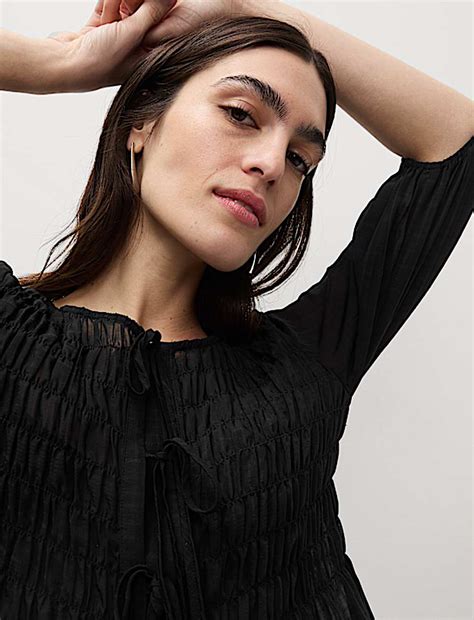 Buy Round Neck Tie Front Shirred Blouse at Marks & Spencer