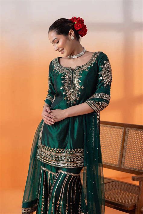 Bottle Green Elegant Chinon Silk Sharara Set with Dupatta