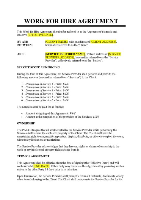 Free Work for Hire Agreement Template - PDF & Word