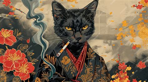 Premium Photo | Japanese cat smoking cigarette artwork
