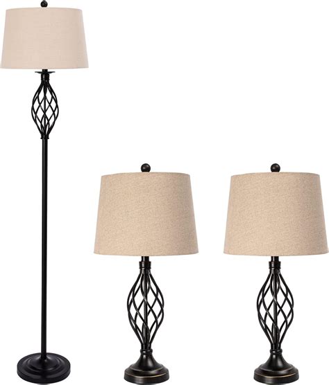 HOMCOM 3 Piece Table Floor Lamp Set with Metal Pole, Round Base, and ...