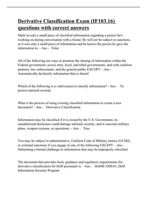 Derivative Classification Exam (IF103.16) questions with correct ...