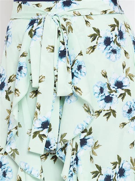 Berrylush Women Green & Blue Floral Printed Waist Tie-Up Flared Maxi S