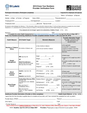 Fillable Online wellness csi 2016 Know Your Numbers Provider ...