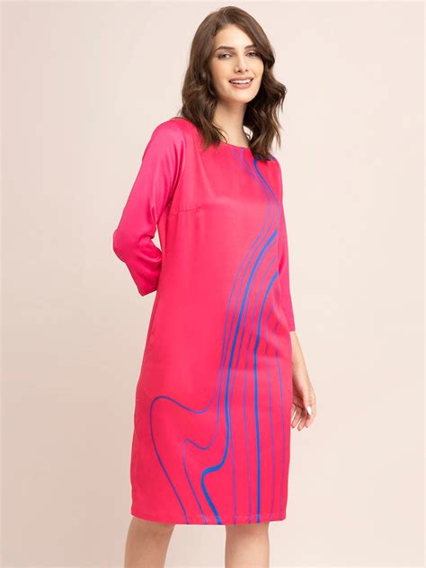 Buy Fuchsia And Blue Satin Placement Print Shift Dress Online | FableStreet
