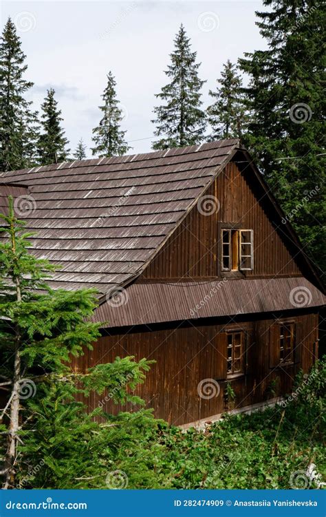 Old Wooden House in Snowy Mountains, Green Forests in National Park Zakopane Poland. Mountain ...