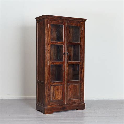 Solid Mango Wood Display Cabinet — 2‑Door Glass‑Front Vitrine, Rich Br ...