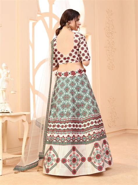 Indian Beige Digital Printed Lehenga Choli With Lace And Bor