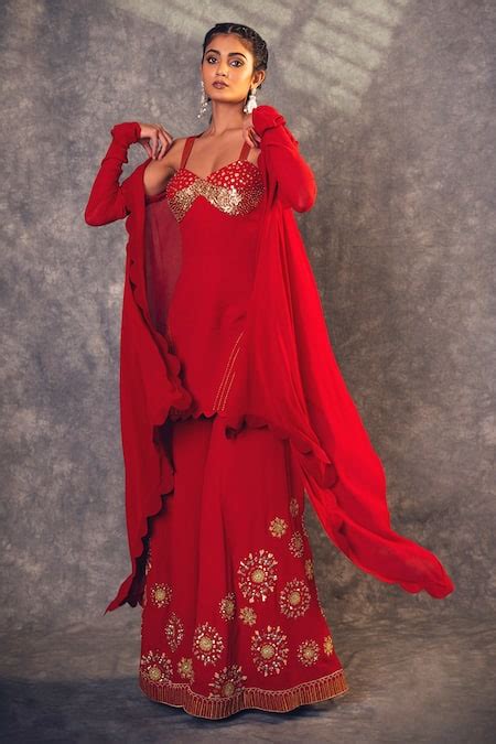 Buy Red Georgette, Modal Sequins, Zari, Beads Embroidered Cape And ...