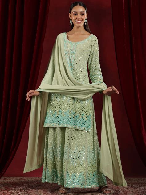 Buy Libas Art Green Embroidered Georgette Straight Suit With Dupatta ...