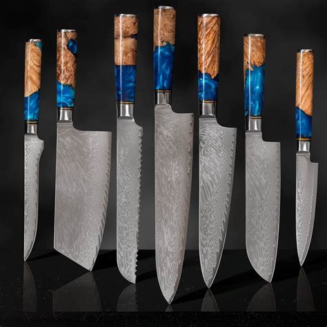 Japanese Damascus Steel Kitchen Knives With Blue Resin Wood Handle - 7 ...