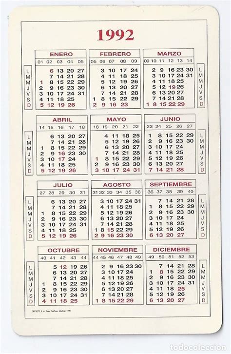 calendario bolsillo año 1992. servired caja pos - Comprar Calendarios ...