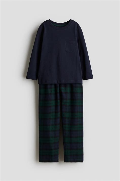 Cotton pyjamas - Navy blue/Checked - Kids | H&M IN