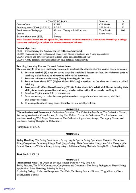Advanced JAVA syllabus - ADVANCED JAVA Semester IV Course Code BIS402 ...