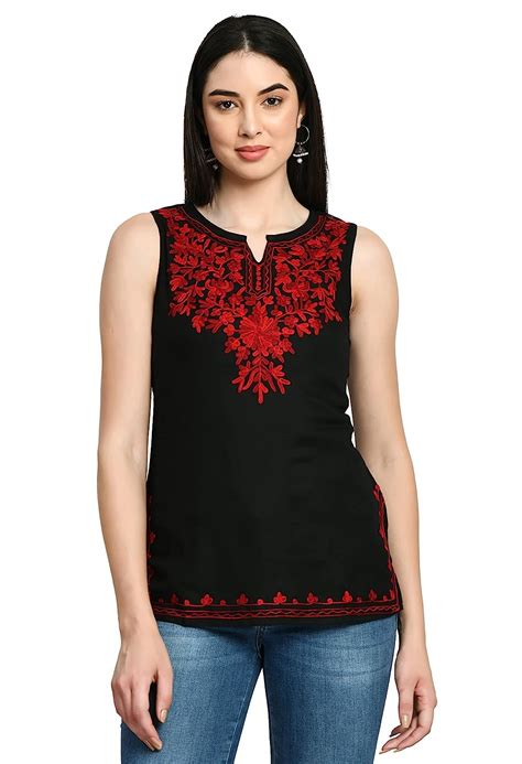 Buy QAZMI Women's Kashmiri Aari Embroidered Cotton Straight Sleeveless ...