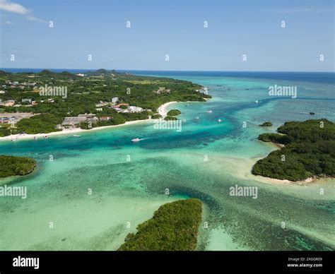 Okinawa, Japan: Aerial drone view of the stunning Kabira Bay landscape ...