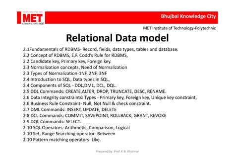 DMS Chapter 2 - lecture notes - Relational Data model 2 of RDBMS ...