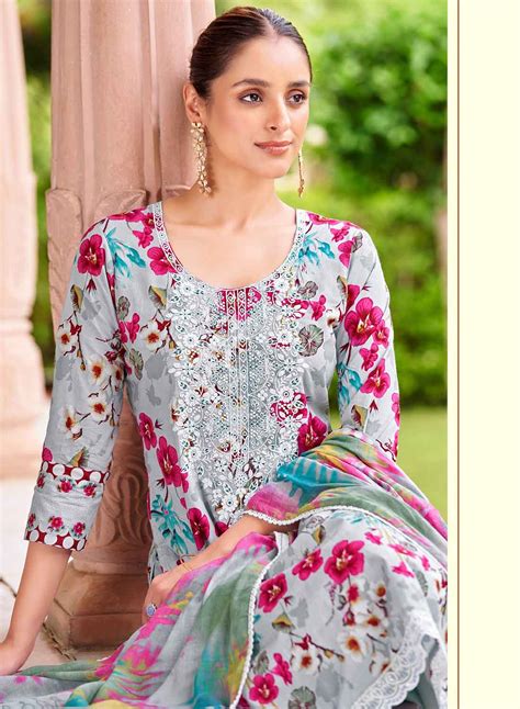 Grey Pure Cambric Cotton Unstitched Suit Dress Material with Embroider ...